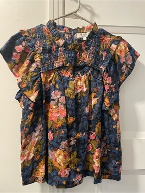 Sea Navy Floral Smocked Short Sleeve Top with Pink and Mustard Blooms